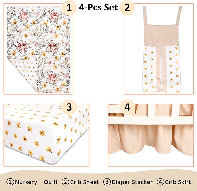 4-Piece Crib Bedding Set for Girls, Boho Baby Girl Bedding Set with Crib Skirt, Baby Quilt, Crib Sheet and Diaper Stacker, Flower-CubbioJoy