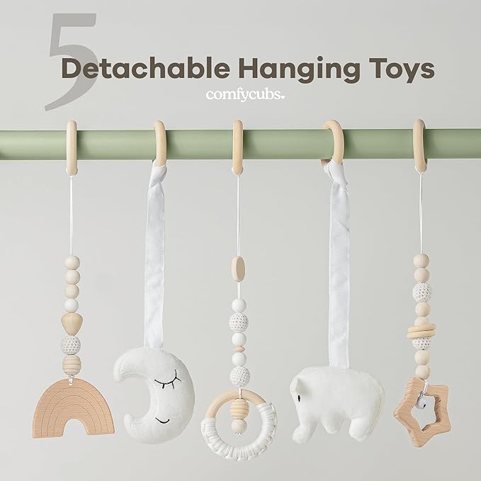 Comfy Cubs Wooden Baby Play Gym - Natural Finish Pinewood Baby Activity Gym with 5 Sensory Hanging Toys - Easy No-Tool Assembly, Safe and Durable for Infant Motor and Visual Development - Sage-CubbioJoy