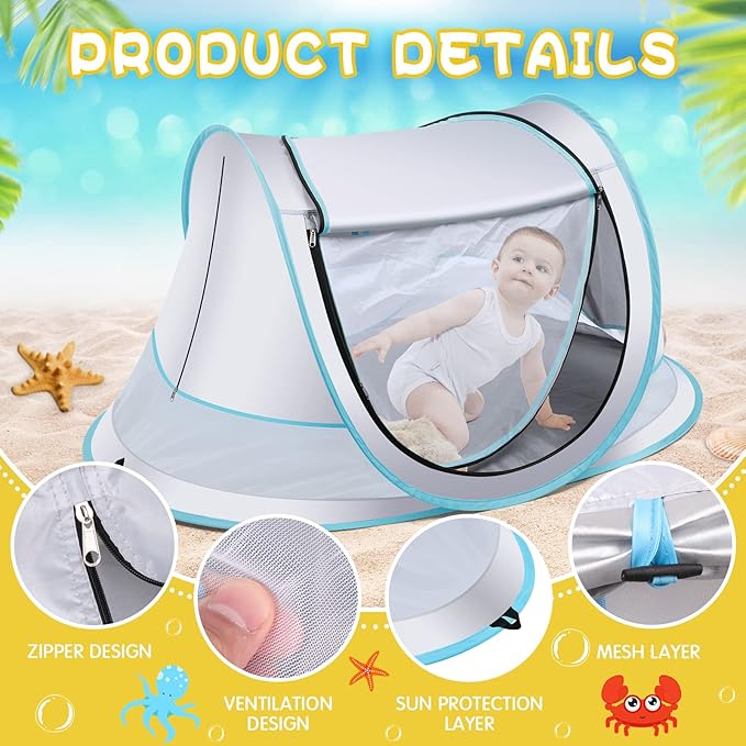 Baby Beach Tent,Large Pop Up Beach Tent Sun Shade for Beach,Portable Baby Travel Tent with Mosquito Net,Indoor Baby Play Tent,UPF 50+ UV Protection Sun Shelters for Infants-CubbioJoy