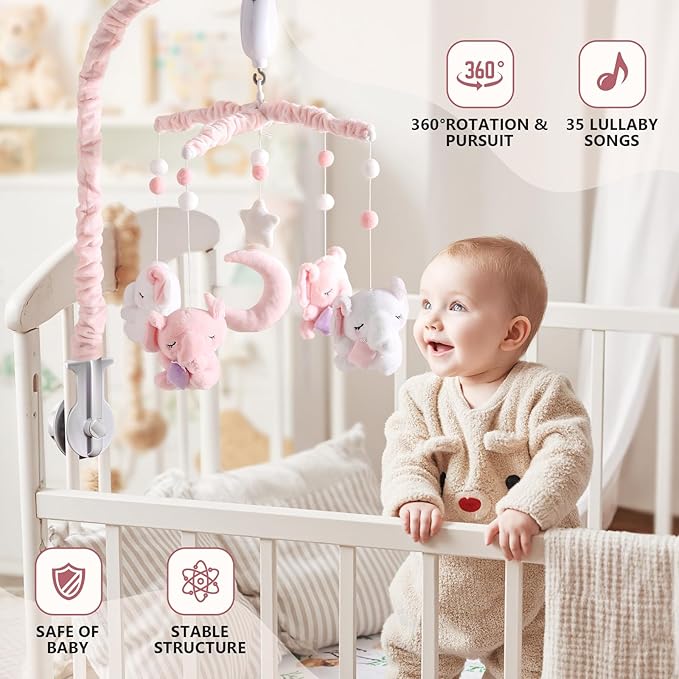 Baby Crib Mobile - Elephant Mobile for Crib with 25 Inches Mobile Arm and 35 Lullabies Musical Box, 3 Modes Digital, Volume Control, Essential Gift for Infant Boys Girls Bedroom Hanging Decor-CubbioJoy