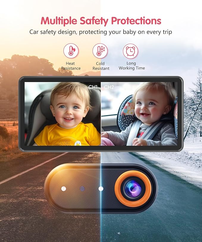 BM5PRO 7.2" 1080P HD Baby Car Camera for 2 Kids, Split Screen with IR Night Vision, Easy to Install & Adjust Brightness, Dual Car Camera Baby Monitor for Rear Seat Safety-CubbioJoy