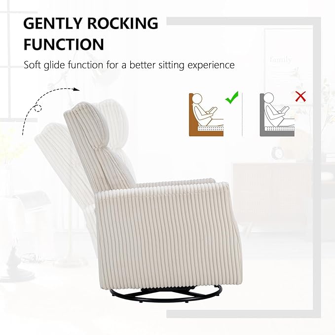 CANMOV Swivel Rocker Chair for Nursery, Swivel Accent Chair with High Back and Arms, Corduroy Glider Chair for Living Room Bedroom Nursery, Beige-CubbioJoy