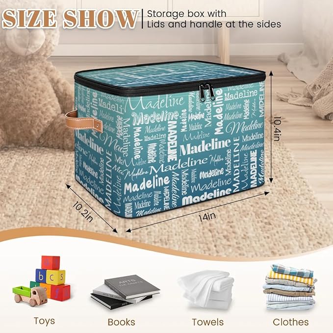 Custom Storage Basket with Name, Personalized Storage Bins with Zipper Lid, Foldable Fabric Storage Box Large capacity with Handle Grey Blue Green-CubbioJoy