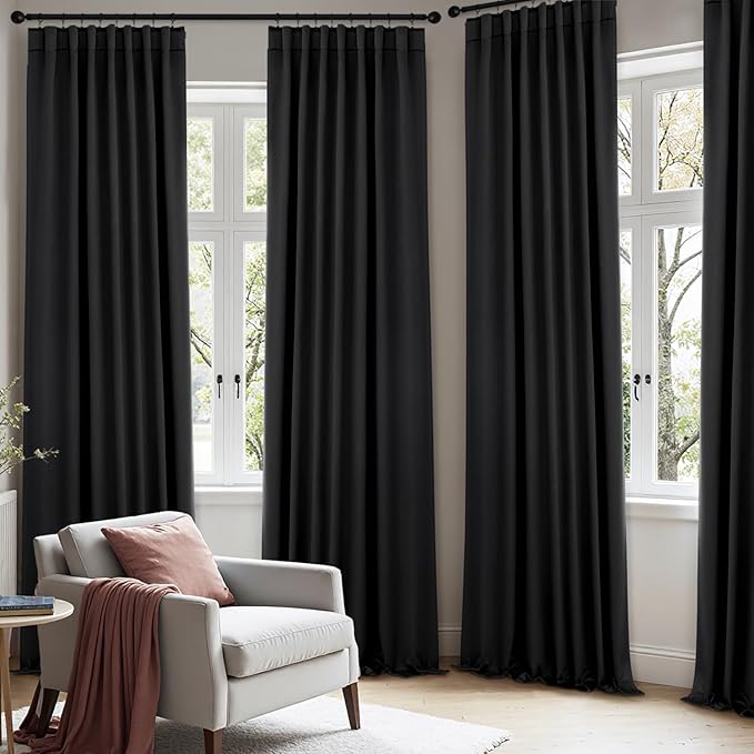 ANRODUO Back Tab Blackout Curtains for Bedroom Living Room, Rod Pocket Pinch Pleated Thermal Insulated Room Darkening Curtains 92 Inches Long 2 Panels, Black, 42 x 92 Inch-CubbioJoy