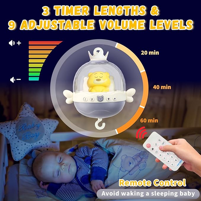 Baby Crib Mobile with Night Lights and Music,Hanging Mobile for Crib Bassinet with Rotation, Projection,Remote Control,Babies Crib Toys for Nursery Newborn Infant Boys Girls (Gray)-CubbioJoy
