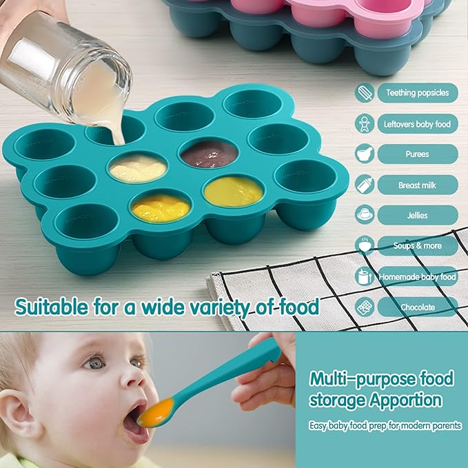 Baby Food Storage 12 x 1.5OZ Silicone Freezer Tray with Lid, Food Grade Silicone Containers for Purees & Vegetables Teal Blue-CubbioJoy