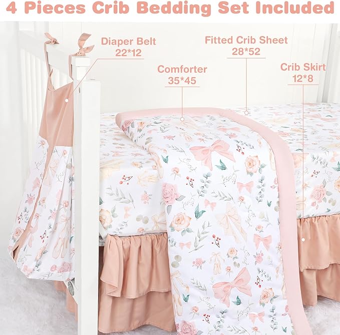 GFU Crib Bedding Set for Girls 4-Piece, Bow Baby Girl Crib Bedding Set Pink Flowes, Nursery Sets Includes Comforter, Fitted Crib Sheet, Crib Skirt, and Diaper Stacker-CubbioJoy