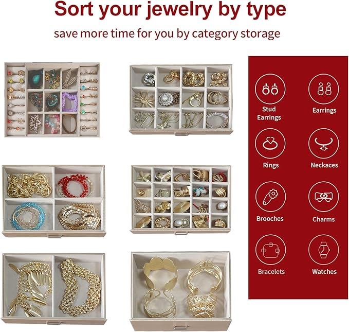 BOOVO Jewelry Box For women, 6 Layer Large Jewelry Organizer With Mirror, Multi-Function Storage Box With Lock, Accessory Holder With 5 Drawers, For Earrings Necklace Ring Bracelet (Pale gold)-CubbioJoy