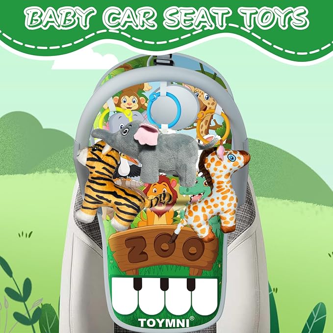 Car Seat Toys for 6-12 Months - Musical Pedal Piano with Baby Mirror, Squeaky Sensory Soft Animal Toys for Rear Facing Carseats-CubbioJoy
