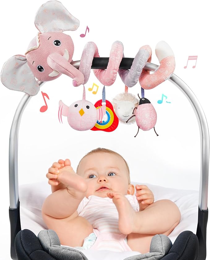 Jollybaby Baby Car Seat Stroller Toys, Plush Activity Hanging Spiral Activity Pram Crib with Music Box, Rattles, Squeaker for Babies Infant Boys Girls(SZ Pink Elephant)-CubbioJoy