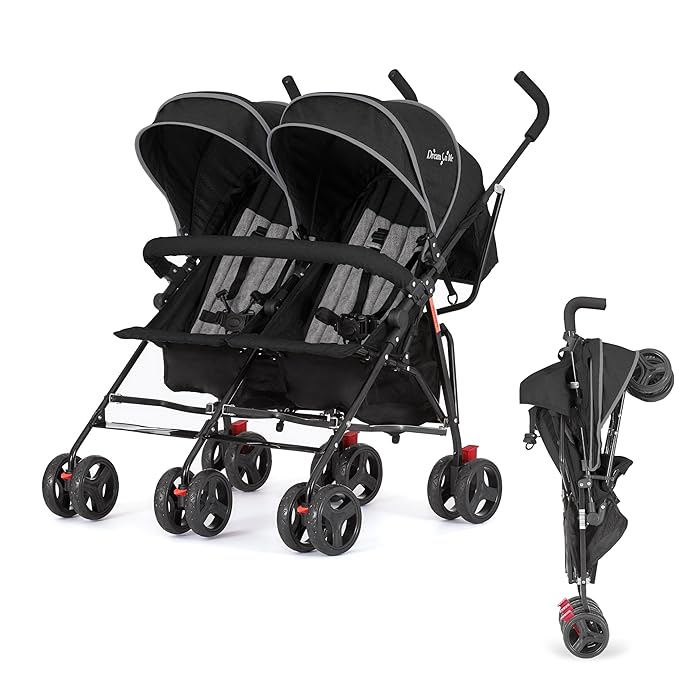 Dream On Me Volgo Twin Umbrella Stroller in Black, Lightweight Double Stroller for Infant & Toddler, Compact Easy Fold, Large Storage Basket, Large and Adjustable Canopy-CubbioJoy