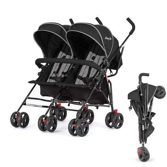 Dream On Me Volgo Twin Umbrella Stroller in Black, Lightweight Double Stroller for Infant & Toddler, Compact Easy Fold, Large Storage Basket, Large and Adjustable Canopy-CubbioJoy