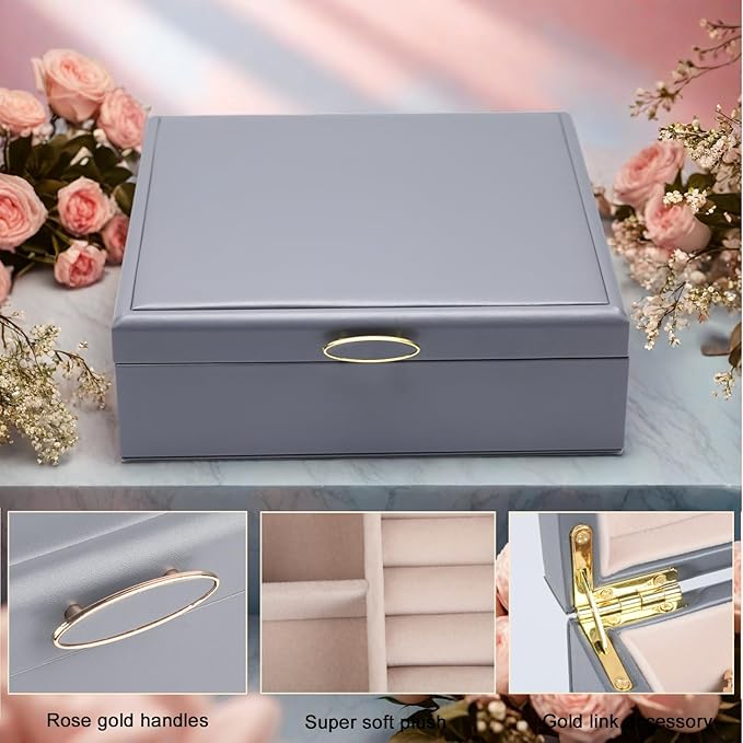 2-layer jewelry box，Jewelry Organizer with Handle，with hanging necklace hooks, detachable jewelry trays, suitable for storing a large amount of jewelry gift box (Large-Grey)-CubbioJoy