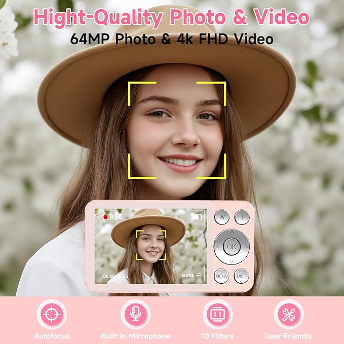 Digital Camera, Autofocus 4K 64MP Point and Shoot Digital Cameras for Teens with 64GB Card, 18X Zoom Anti-Shake Compact Video Camera for Student Kids Boys Girls Beginner - Pink-CubbioJoy