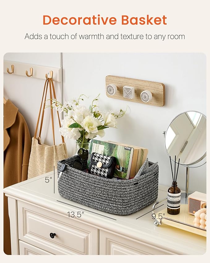 KALLAX Small Woven Basket, 13.5 x 9.5 x 5 Inches, Storage Basket for Organizing, Cute Small Rope Shelf Closet Cube Storage Bins Baskets for Shelves, Dog Toy Gift Baskets Empty, 3 Pack Mixed Black-CubbioJoy