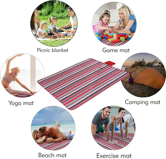 Beach Blanket Picnic Mat Sandproof Waterproof Extra Large Outdoor Camping Blanket Foldable Portable Picnic Mat for Travel Hiking Music Festival Park Lawn Grass Red Lines-CubbioJoy