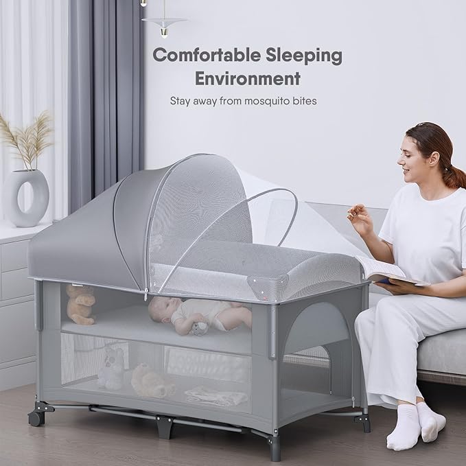 4 in 1 Baby Bassinet, Pack and Play, Bedside Crib Sleeper, Diaper Changer - Comes with Mattress, Mosquito Net，Bottom Storage and Toy Bar for Newborn to Toddles-CubbioJoy