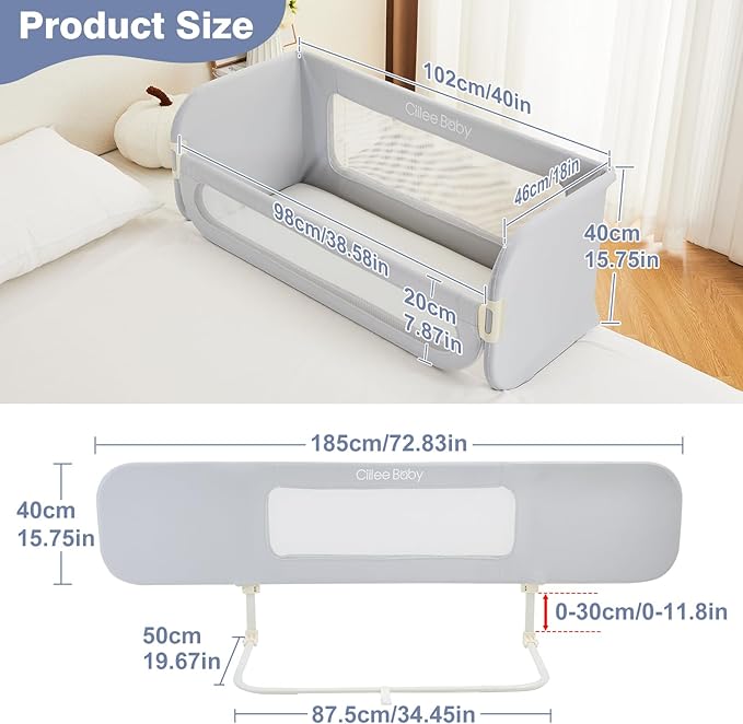 Ciilee Baby Bed Rail for Toddlers Extra Large 72.83" L Kids Rails Guard for Twin, Full, Queen, King Bed Adjustable Children Side Railing Safety Bedrail Foldable Barandas para Camas de Niños (Grey-CubbioJoy
