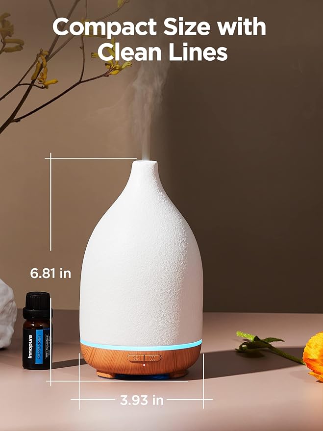 InnoGear Oil Diffuser, 150ML Ceramic Diffuser for Essential Oils Handcrafted Aromatherapy Diffuser Ultrasonic Cool Mist Humidifier with 2 Mist Modes Waterless Auto Off for Room Office, White-CubbioJoy