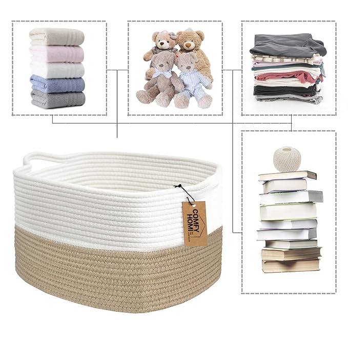 COMFY-HOMI Cotton Rope Woven Basket with Handles for Shelves,Toys,Book, Cloth Storage Baskets Bin for Organizing-13.5"x11"x9.5" Toy Decorative Organizer for Living Room, Bathroom-Light Brown-CubbioJoy