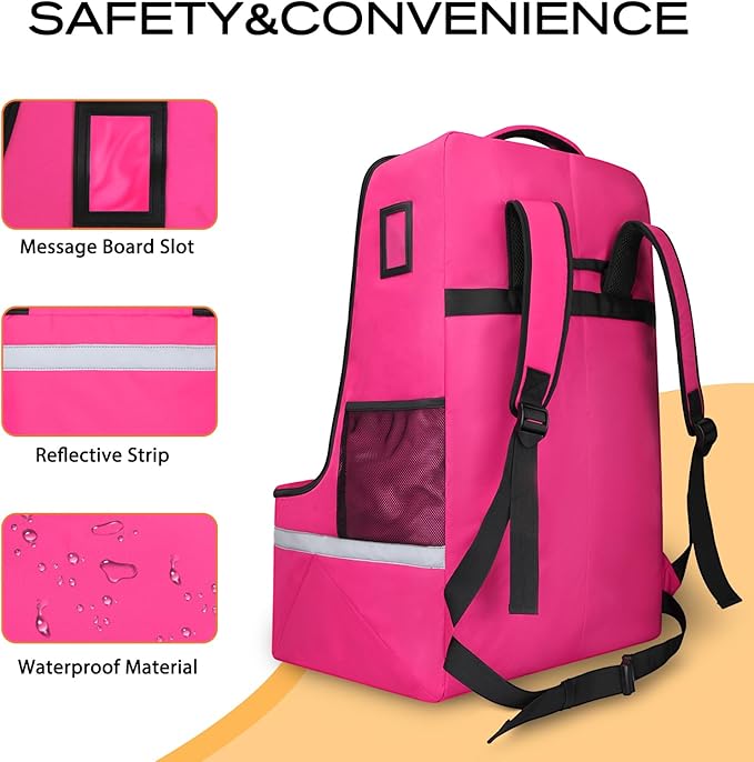 Car Seat Travel Bag for Airplane,Infant Seat Travel Bag with Shoulder Strap,Padded Car Seats Backpack with Reflective Stripes,Large Carseat Carrier Bag Travel Car Seat Cover,Pink-CubbioJoy