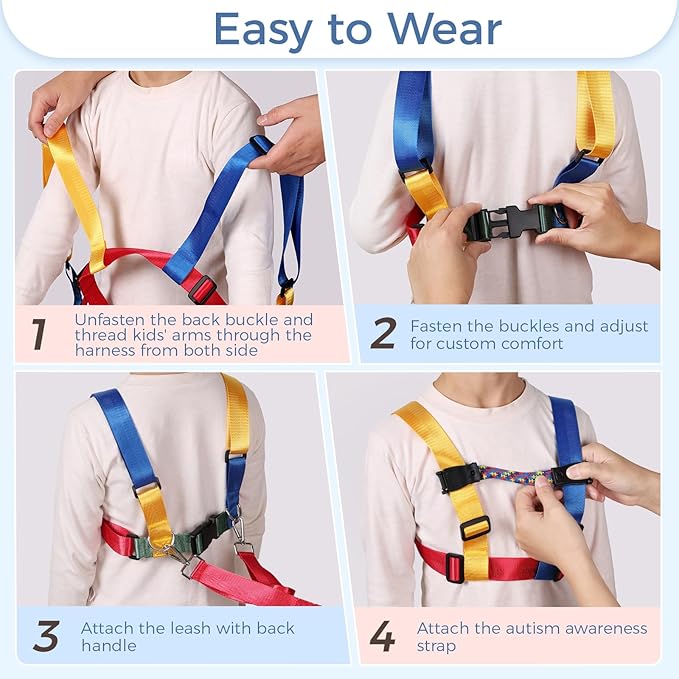 JXM Safety Harness Leash for Autism and Special Needs Child (3-6 yrs), Child Adjustable Elopement Harness with Emergency Grab Handle and Tether, Keep Active Autistic/ADHD Kids Safe and Free Outdoors-CubbioJoy