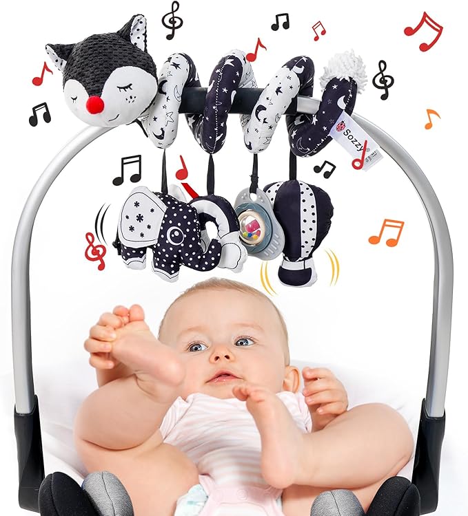 Jollybaby Crib Stroller Car Seat Toys for Baby 0-3-6-9-12 Months, Tummy Time Hanging Sensory Toys for Newborn with Music Box and Teether, Spiral Carseat Toy for Infant Boy Girl Gift (Black and White)-CubbioJoy