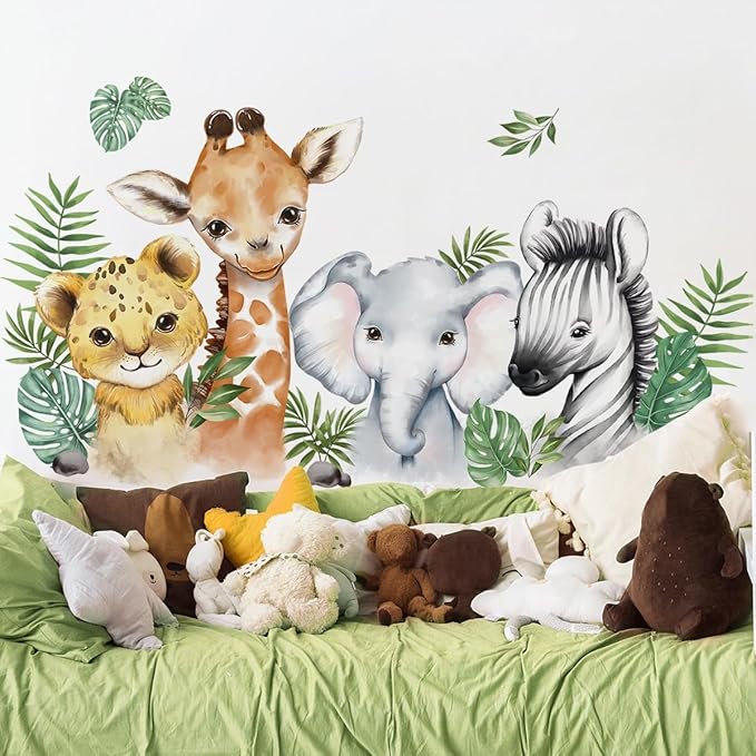 52.51x23.62 Inch Watercolor Jungle Animal Wall Decals Safari Forest Animal Wall Sticker Elephant Lion Monkey Decals for Baby Nursery Playroom Bedroom Classroom Kindergarten Decor-CubbioJoy