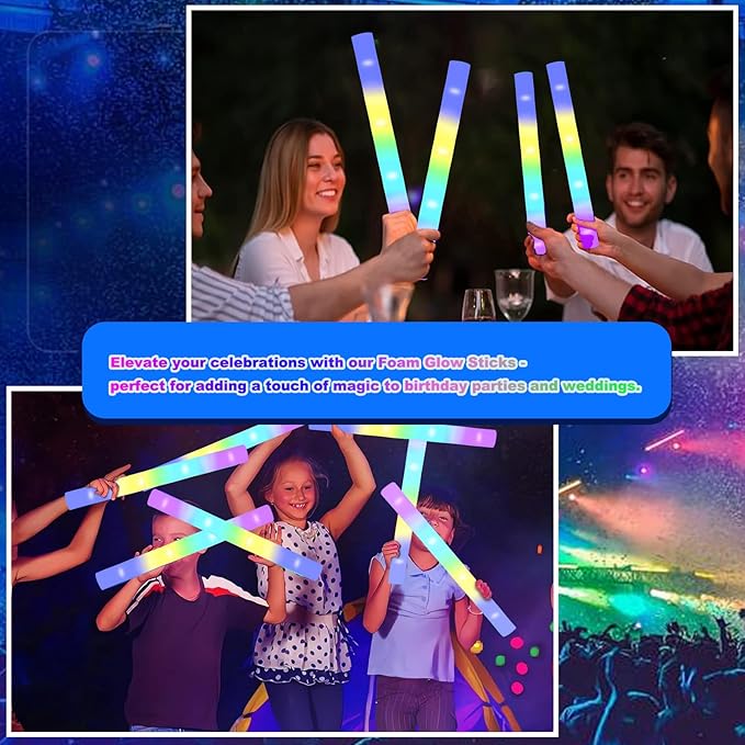 48-Count Foam Glow Sticks Party Pack - 4 Colors, Steady Bright Light Up Sticks for Weddings, Birthdays, Christmas, Halloween | Foam Glow Sticks Bulk Reusable, 6-Hr Glow, Eco-Friendly Foam-CubbioJoy