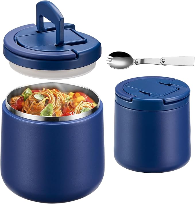 20oz Insulated Vacuum Food Jar with Buckle Lid,Soup Thermo for Hot Food Kids,Wide Mouth Leakproof Stainless Steel Lunch Container with Spoon-Blue-CubbioJoy