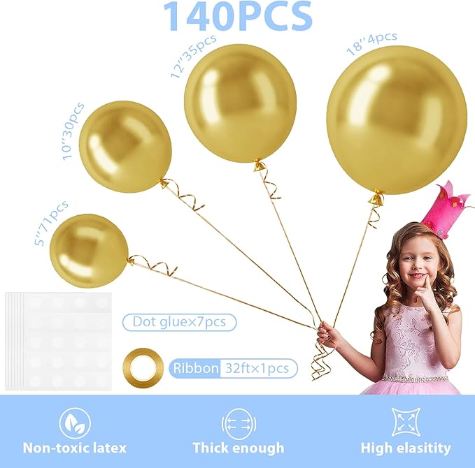 140pcs Gold Balloon Arch Kit, Gold Balloons of Different Sizes Pack of 18 12 10 5 Inch Party Balloon Kit for Birthday Party or Balloon Arch as Graduation Wedding Baby Shower Party Decorations-CubbioJoy