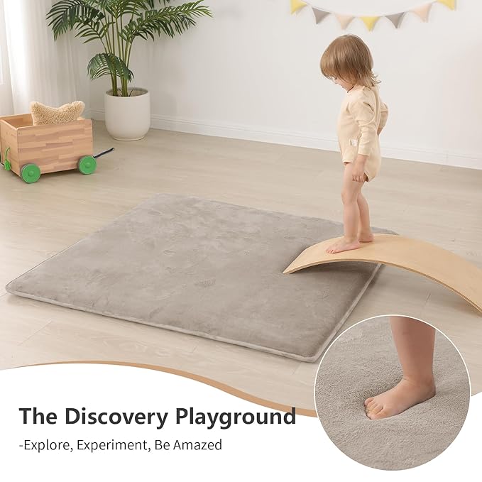 Baby Play Mat for Floor,1.3" Thick Elasti-Foam 50"×50" Playpen Mat for Tummy Time,Water Repellent Soft Coral Velvet for Toddler,Infant,Kids,Non-Slip Backing Safe for Crawling(Beige)-CubbioJoy