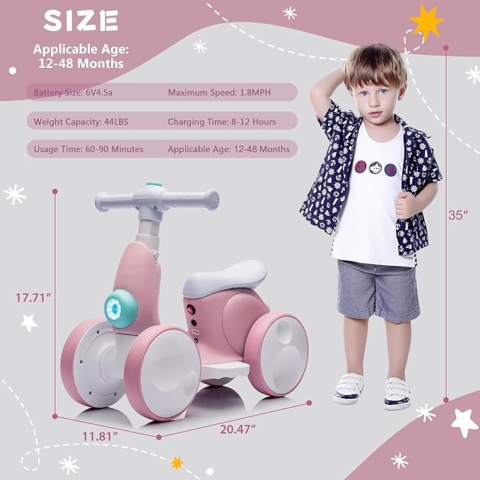 6V Electric Baby Balance Bike with Bubble Machine,4 in 1 Toddler Balance Bike w/Remote Control for 1 Year Old Boys Girls Kids Bubble Bike Ride on Toys w/Powered Motor,Music,LED Lights (Pink)-CubbioJoy