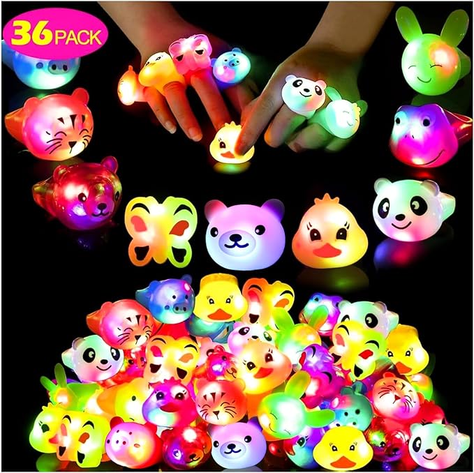 36 Pack Light Up Rings Glow in The Dark Party Supplies, Light up Party Favors, Goodie Bag Stuffers, Birthday Christmas Party Favors Classroom Prizes Cute Animal Treasure Box for Kids-CubbioJoy