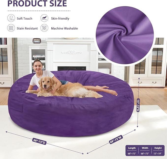 7FT Bean Bag Chair, Large Bean Bag Chairs with Memory Foam Filled, Fluffy Beanbag Sofa with Dutch Velvet Cover, Round BeanBag Chairs for Living Room, Playroom - Purple-CubbioJoy