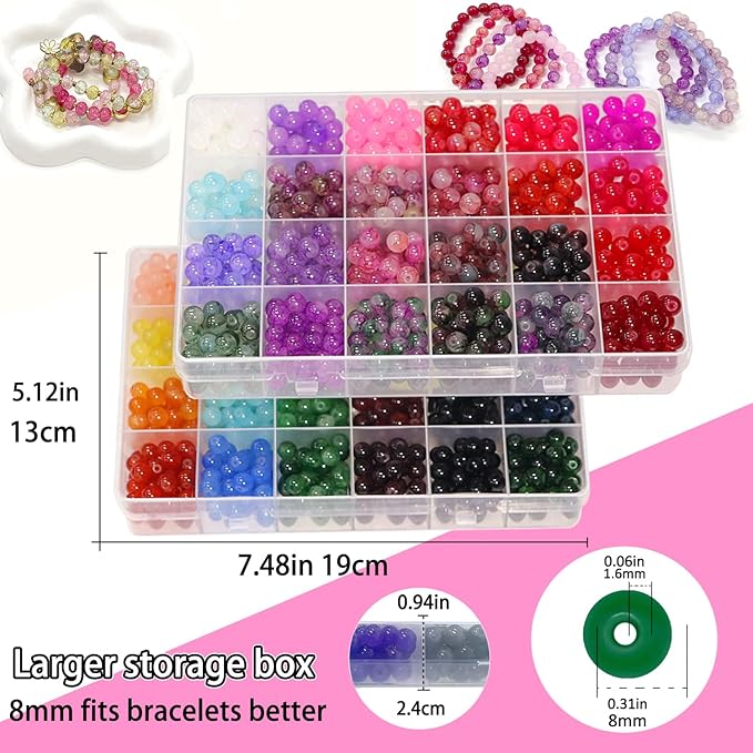 JULIMAIDONG 8mm Glass Beads for Bracelets 2100pcs, 48 Colors Round Crystal Glass Bracelet Making Kit for Jewelry Making Kits Bead DIY Crafts with Spacer Charms Accessories (48Color(Solid+Printing)-CubbioJoy