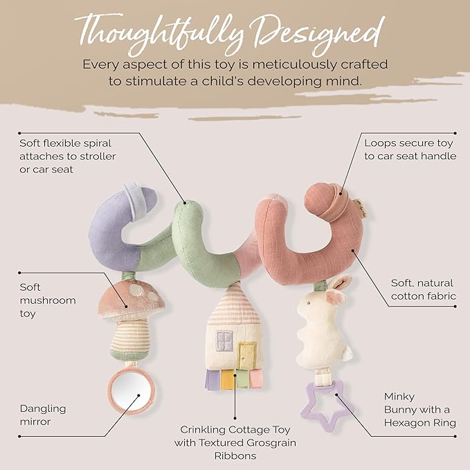 Itzy Ritzy Spiral Car Seat & Stroller Activity Toy - Stroller & Car Seat Toys for Ages 0 Months and Up - Hanging Toys Include Dangling Ring, Mirror and Textured Ribbons (Pastel Rainbow)-CubbioJoy
