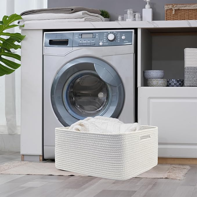 COMFY-HOMI Cotton Rope Woven Basket with Handles for Shelves,Toys,Book, Cloth Storage Baskets for Organizing-17" x 13" x 7.5" Toy Decorative Organizer for Living Room, Bathroom （All White）-CubbioJoy