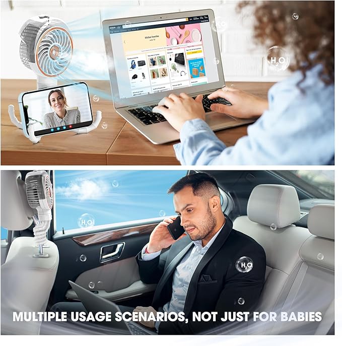 Ausic Stroller Fan with Mist, 100ml Misting Portable Fan for Stroller, Baby Fans with Detachable Tripod, Baby Essentials, Clip on Fans for Crib, Treadmill, Car Seat, Outdoor-CubbioJoy