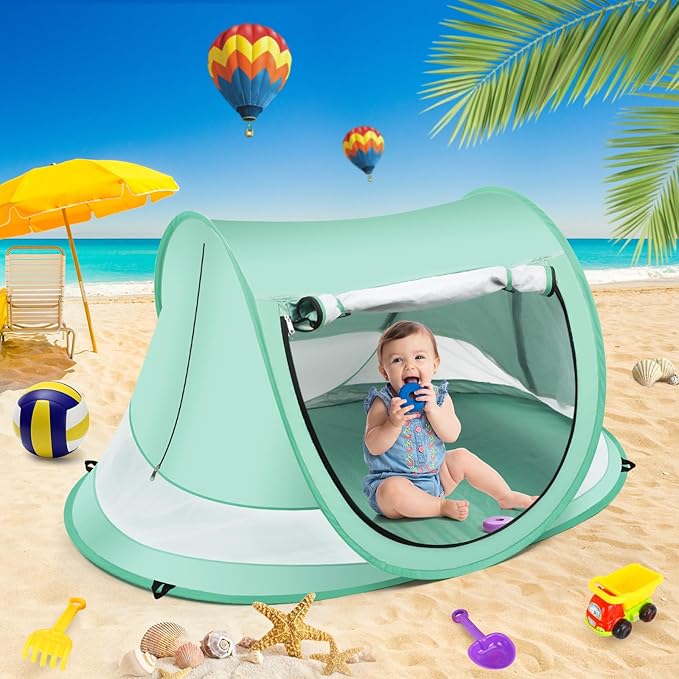 Baby Beach Tent,Large Pop Up Beach Tent Sun Shade for Beach,Portable Baby Travel Tent with Mosquito Net,Indoor Baby Play Tent,UPF 50+ UV Protection Sun Shelters for Infants-CubbioJoy