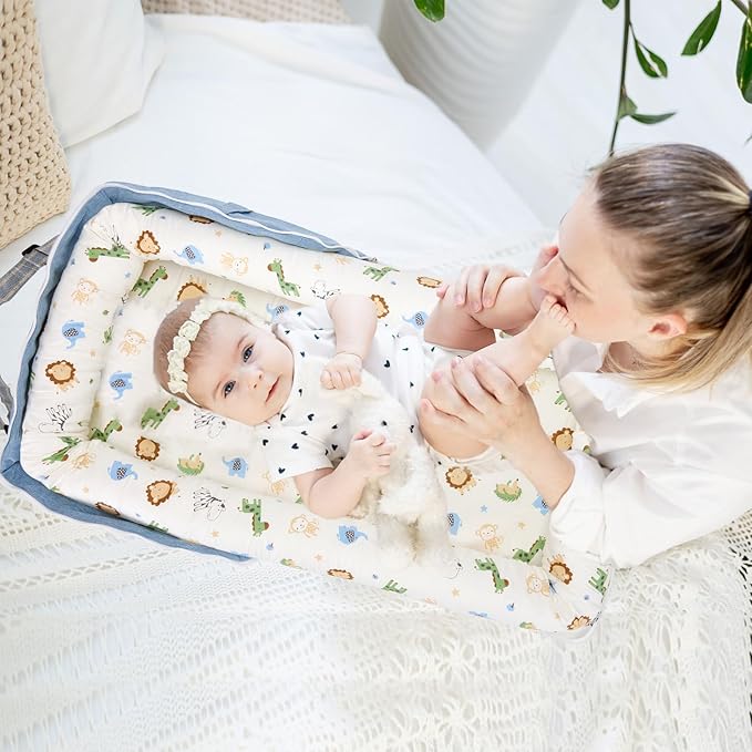 Baby Lounger for Newborn Portable Bag,Baby Nest Play Gym mat with Strap,Newborn Lounger Adjustable Size & Inner Zipper Lengthen Space to 24 Months,Animal World Blue-CubbioJoy