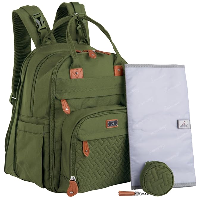 BabbleRoo Extra Large Diaper Bag Backpack, Expandable Baby Bag with Up to 50% More Capacity - Travel Essentials Baby Bag Tote with Changing Pad, Stroller Straps & Pacifier Case - Unisex, Forest Green-CubbioJoy