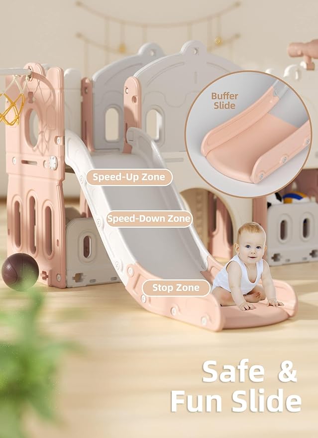 8 in 1 Toddler Slide, Kids Climber Slide with Storage Space and Non-Slip Steps, Indoor Outdoor Playset with Basketball Hoop and Telescope, Slide for Toddlers Age 1-3, Pink White-CubbioJoy