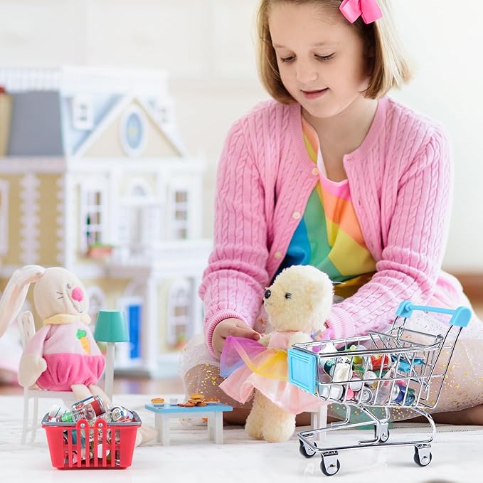 134pcs Mini Shopping Cart Basket Miniature Food Drink Bottle Supermarket Metal Handcart Toys Doll House Store Cosplay Game Dollhouse Grocery Fruit Cake Bread Party Trolley Model Dollar Bills-CubbioJoy