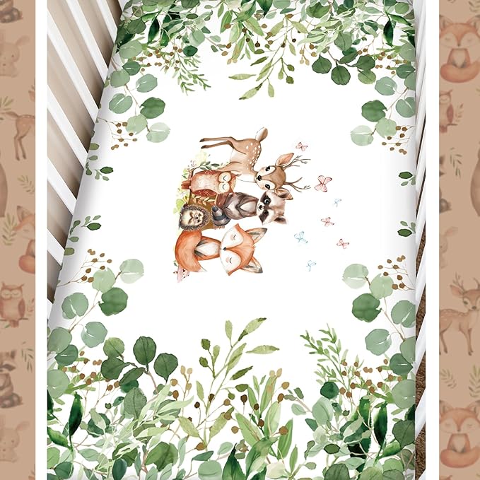 3 Pcs Baby Crib Bedding Set Safari Animals Dinosaurs Bear Woodland Animals Jungle Crib Set Includes Quilt, Fitted Sheet, Skirt for Baby Boy Girl(Green,Woodland Raccoons Deer Etc.)-CubbioJoy