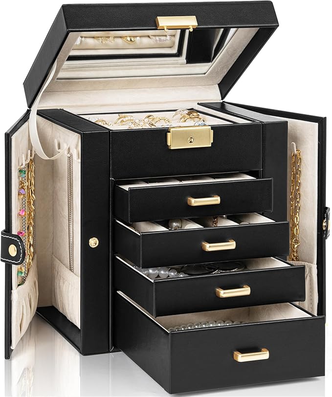 AKOZLIN 5-Tier Jewelry Box Leather Jewelry Storage Organizer with 4 Drawers Lockable for Women Girls Ring Necklace Earring Bracelet Watches Holder with Mirror Black-CubbioJoy