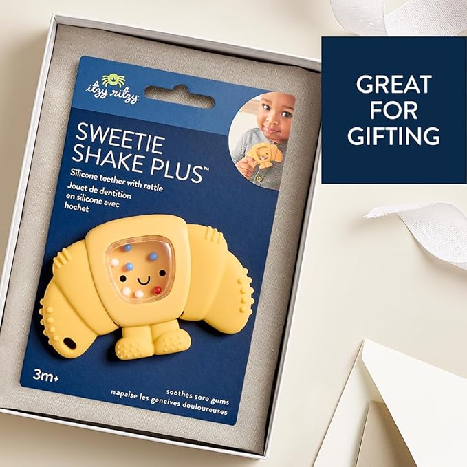 Itzy Ritzy Silicone Rattle Teether– BPA-Free Silicone Teether with Rattle for Babies & Toddlers – Features a Gentle Rattle Sound, Colorful Beads & Multiple Textures (Croissant)-CubbioJoy