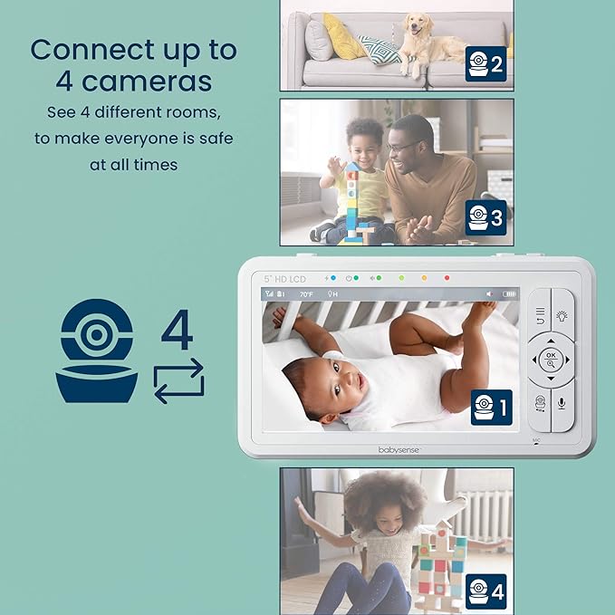 Babysense 5" HD Split-Screen Baby Monitor, Video Baby Monitor with 2 Cameras and Audio, Night Light, 1000ft Range, Two-Way Audio, 4X Zoom, Night Vision, 4000mAh Battery-CubbioJoy
