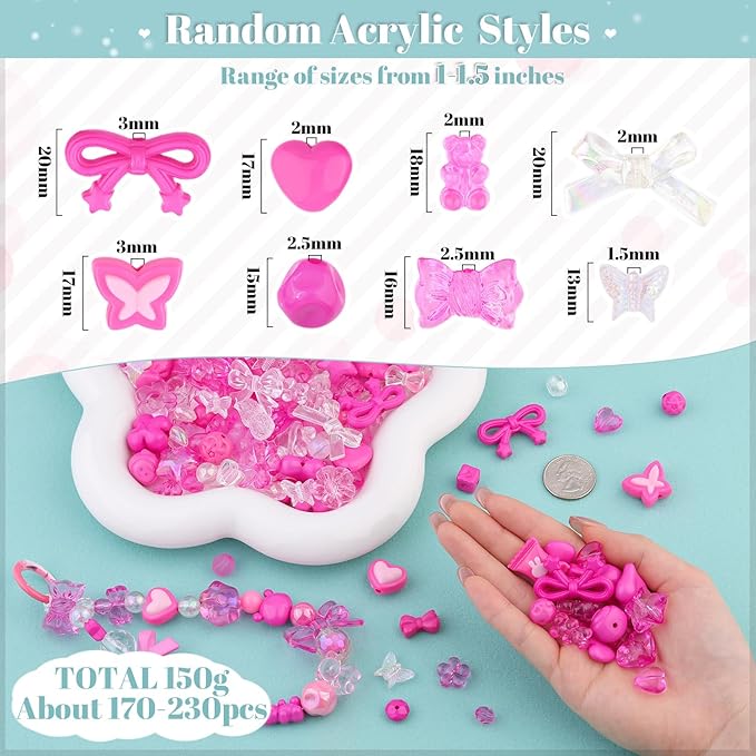 Assorted 170-230PCS Rose Pink Acrylic Beads for Bracelet Making, Flower Bow Butterfly GummyBear Aesthetic Bracelet Charms,Cute Beads for Jewelry Making DIY Necklace Keychain Phone Charm-CubbioJoy