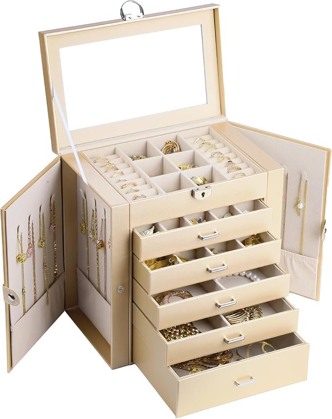 BOOVO Jewelry Box For women, 6 Layer Large Jewelry Organizer With Mirror, Multi-Function Storage Box With Lock, Accessory Holder With 5 Drawers, For Earrings Necklace Ring Bracelet (Pale gold)-CubbioJoy